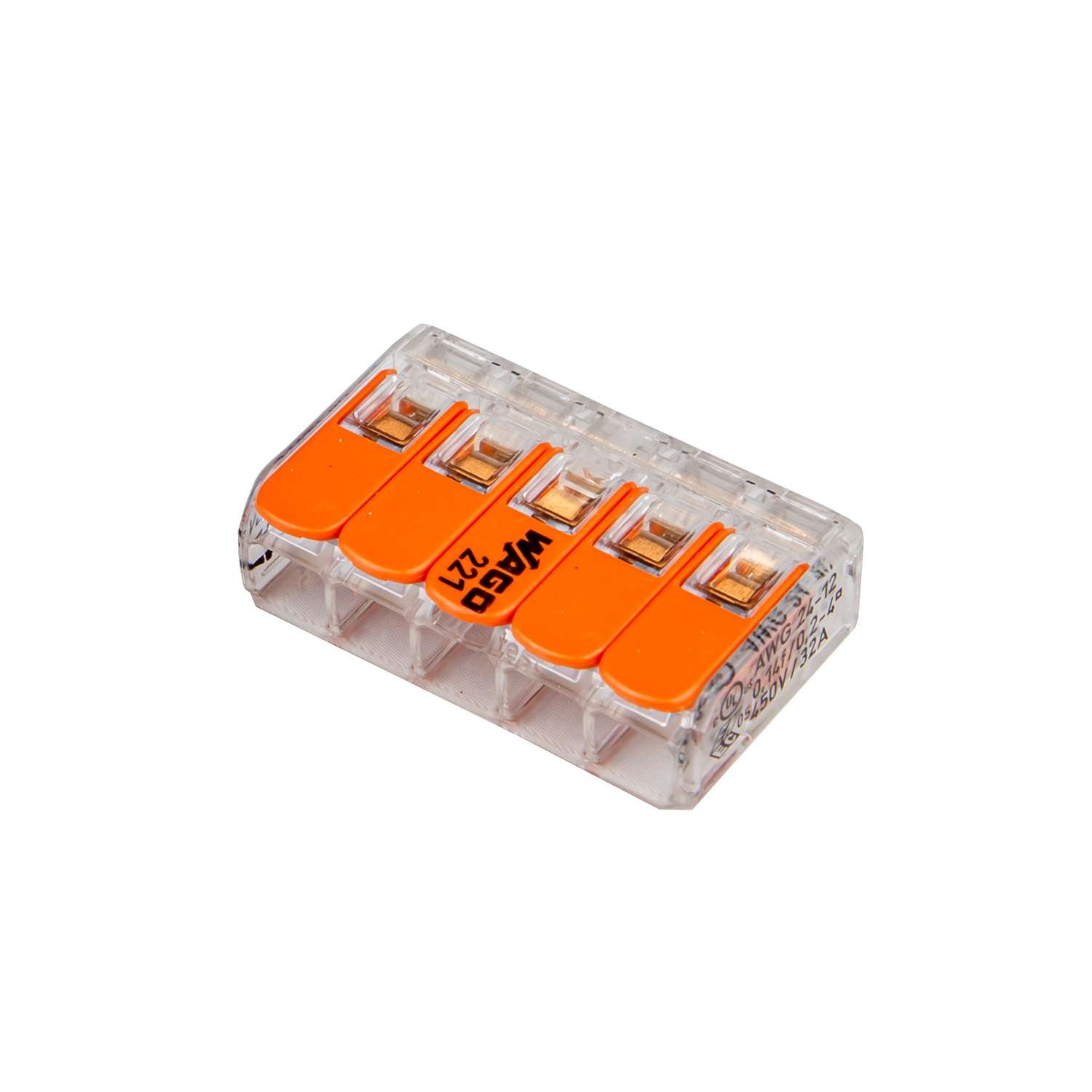 221-415 WAGO lasklem serie 221 met oranje clips 5P (Doosje 25 stuks)