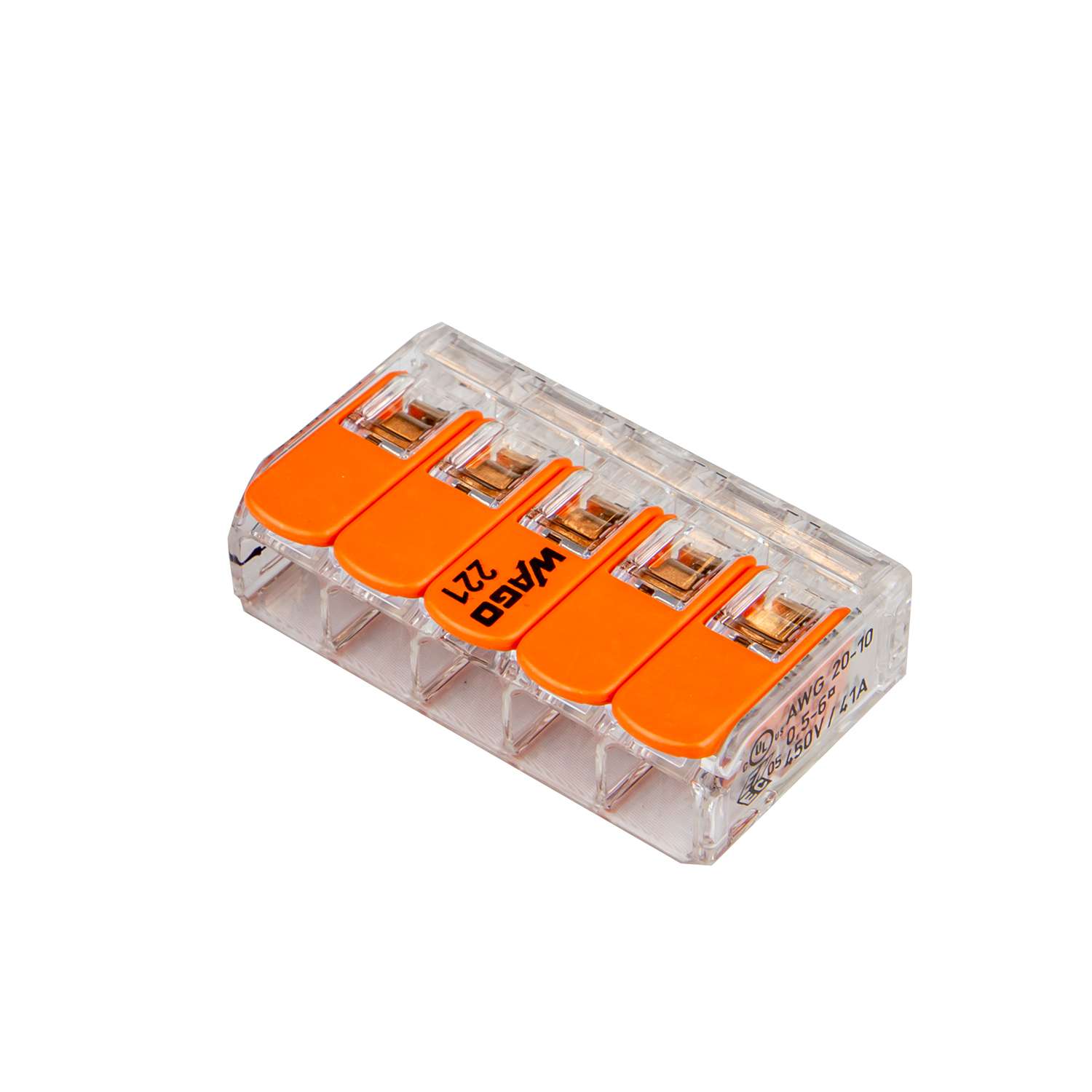 221-615 WAGO lasklem serie 221 met oranje clips 5P (Doosje 15 stuks)